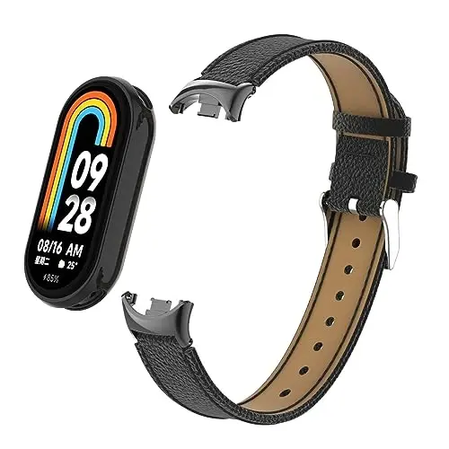 HOPMC Mi Band 8 Fashion Metal Connector Lychee Grain Leather Strap Replacement Wristbands Strap Compatible for Xiaomi Mi Smart Band 8 /8NFC /9/10（Not included Tracker ） 