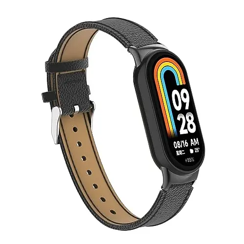 HOPMC Mi Band 8 Fashion Metal Connector Lychee Grain Leather Strap Replacement Wristbands Strap Compatible for Xiaomi Mi Smart Band 8 /8NFC /9/10（Not included Tracker ） - HOPMC (1)