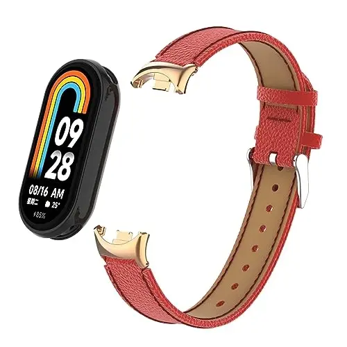 HOPMC Mi Band 8 Fashion Metal Connector Lychee Grain Leather Strap Replacement Wristbands Strap Compatible for Xiaomi Mi Smart Band 8 /8NFC /9/10（Not included Tracker ） - 1