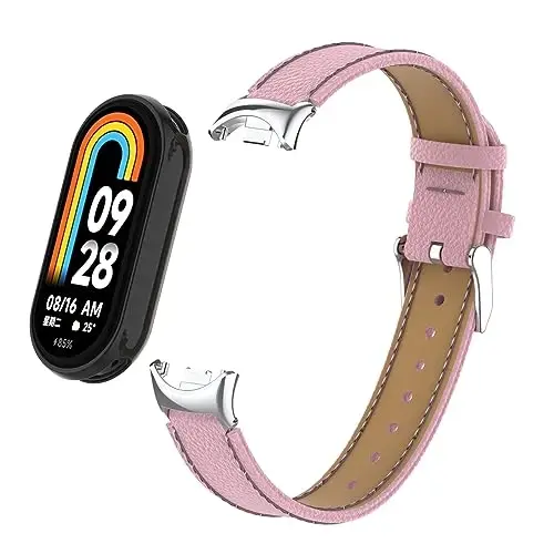 HOPMC Mi Band 8 Fashion Metal Connector Lychee Grain Leather Strap Replacement Wristbands Strap Compatible for Xiaomi Mi Smart Band 8 /8NFC /9/10（Not included Tracker ） 