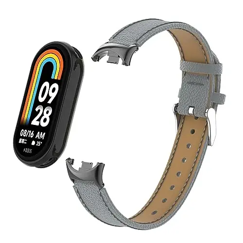 HOPMC Mi Band 8 Fashion Metal Connector Lychee Grain Leather Strap Replacement Wristbands Strap Compatible for Xiaomi Mi Smart Band 8 /8NFC /9/10（Not included Tracker ） 