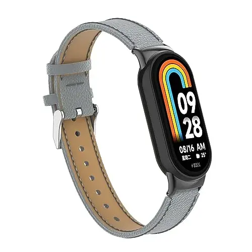 HOPMC Mi Band 8 Fashion Metal Connector Lychee Grain Leather Strap Replacement Wristbands Strap Compatible for Xiaomi Mi Smart Band 8 /8NFC /9/10（Not included Tracker ） - HOPMC (1)