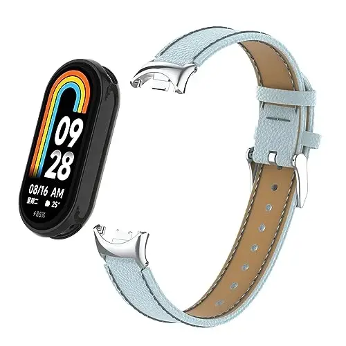 HOPMC Mi Band 8 Fashion Metal Connector Lychee Grain Leather Strap Replacement Wristbands Strap Compatible for Xiaomi Mi Smart Band 8 /8NFC /9/10（Not included Tracker ） 