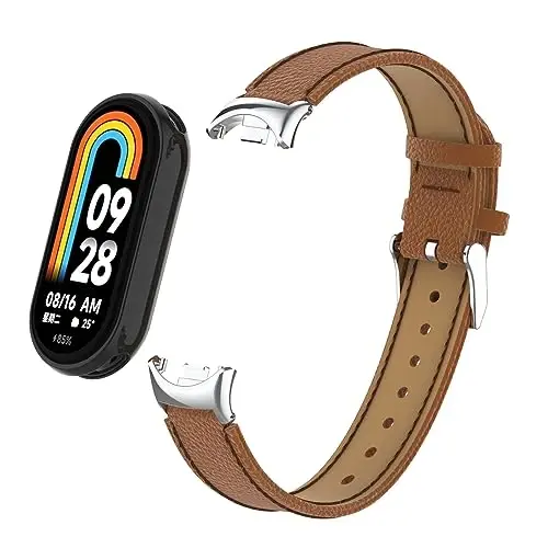 HOPMC Mi Band 8 Fashion Metal Connector Lychee Grain Leather Strap Replacement Wristbands Strap Compatible for Xiaomi Mi Smart Band 8 /8NFC /9/10（Not included Tracker ） 