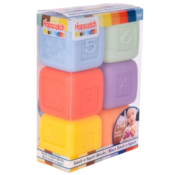 Hopscotch Lane Stack-n-Squirt Blocks - 6 Pack Soft Plastic Bath Squirters, Baby & Toddler 6+ Months - Modazone