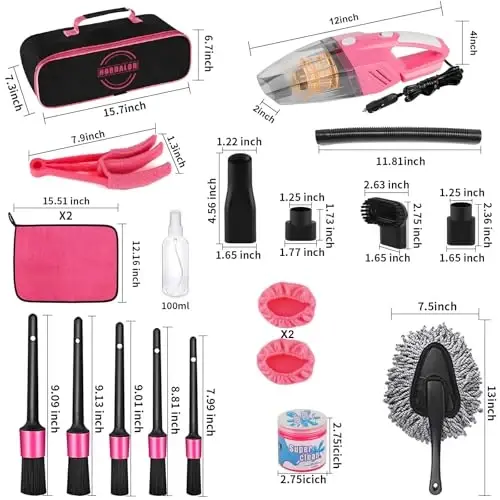 HORDALOR Pink Car Interior Detailing Kit, 16Pcs Car Cleaning Kit with High Power Handheld Vacuum, Detailing Brush Set, Cleaning Gel, Windshield Cleaning Tool, Complete Car Cleaning Supplies for Women - 5