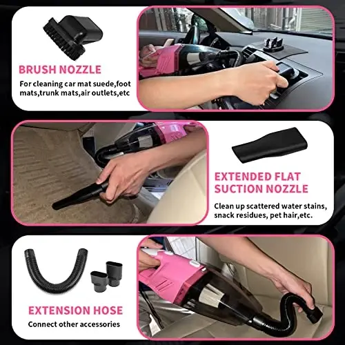 HORDALOR Pink Car Interior Detailing Kit, 16Pcs Car Cleaning Kit with High Power Handheld Vacuum, Detailing Brush Set, Cleaning Gel, Windshield Cleaning Tool, Complete Car Cleaning Supplies for Women - 2