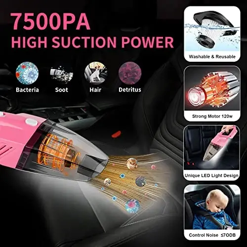 HORDALOR Pink Car Interior Detailing Kit, 16Pcs Car Cleaning Kit with High Power Handheld Vacuum, Detailing Brush Set, Cleaning Gel, Windshield Cleaning Tool, Complete Car Cleaning Supplies for Women - 1
