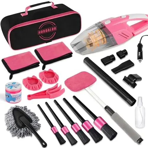 HORDALOR Pink Car Interior Detailing Kit, 16Pcs Car Cleaning Kit with High Power Handheld Vacuum, Detailing Brush Set, Cleaning Gel, Windshield Cleaning Tool, Complete Car Cleaning Supplies for Women - 4