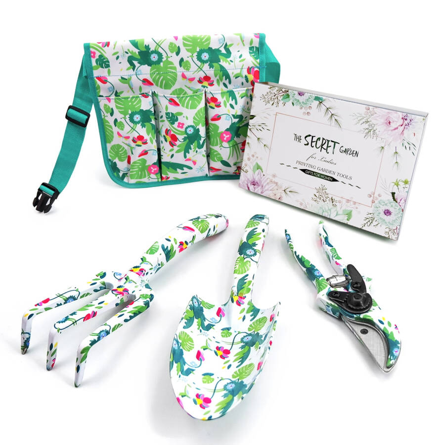 Hortem Garden Tools Set Women, Christmas Gardening Gifts Ladies, Aluminum Hand Tools, Pruner and Garden Belt Bags with Floral Package-GREEN - 1