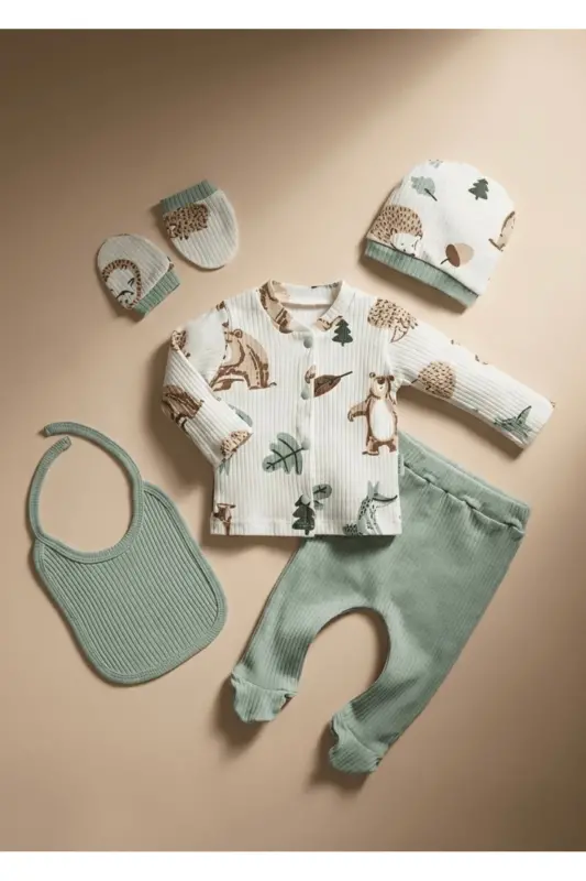 Hospital Discharge 100% Cotton Bear Print Newborn 5-Piece Set Baby Clothes - 2