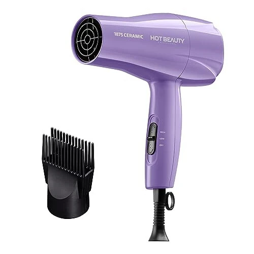Hot Beauty 1875 Ceramic Hair Dryer, Powerful Fast Drying, Multi-Setting with Comb Attachment, Additional Detangler Included, Slide Bar Switch, Compact for Home & Travel (Purple) - 1
