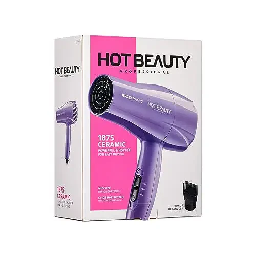 Hot Beauty 1875 Ceramic Hair Dryer, Powerful Fast Drying, Multi-Setting with Comb Attachment, Additional Detangler Included, Slide Bar Switch, Compact for Home & Travel (Purple) - 5
