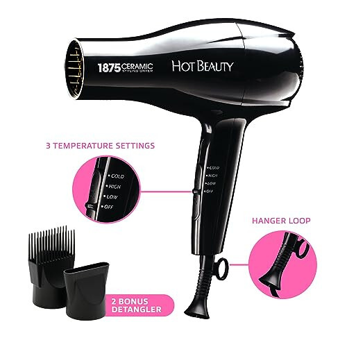 Hot Beauty 1875 Ceramic Styler Hair Styling Blow Dryer 2 AttacModazoneents Included Lightweight and Fast Dry Multi Heat Speed Setting Perfect Size for Home or Travel - 3