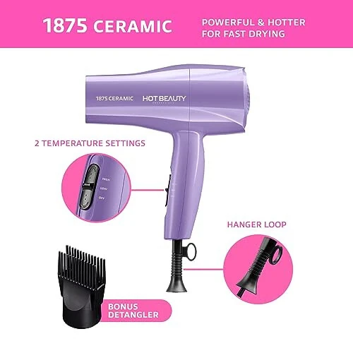 Hot Beauty 1875 Ceramic Hair Dryer, Powerful Fast Drying, Multi-Setting with Comb AttacModazoneent, Additional Detangler Included, Slide Bar Switch, Compact for Home & Travel (Purple) - 3