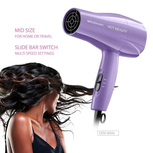 Hot Beauty 1875 Ceramic Hair Dryer, Powerful Fast Drying, Multi-Setting with Comb AttacModazoneent, Additional Detangler Included, Slide Bar Switch, Compact for Home & Travel (Purple) - 4