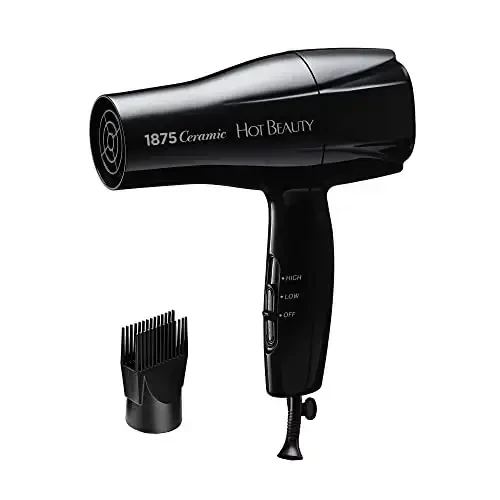 Hot Beauty 1875 Ceramic Hair Dryer, Powerful Fast Drying, Multi-Setting with Comb AttacModazoneent, Additional Detangler Included, Slide Bar Switch, Compact for Home & Travel (Black) - HOT BEAUTY