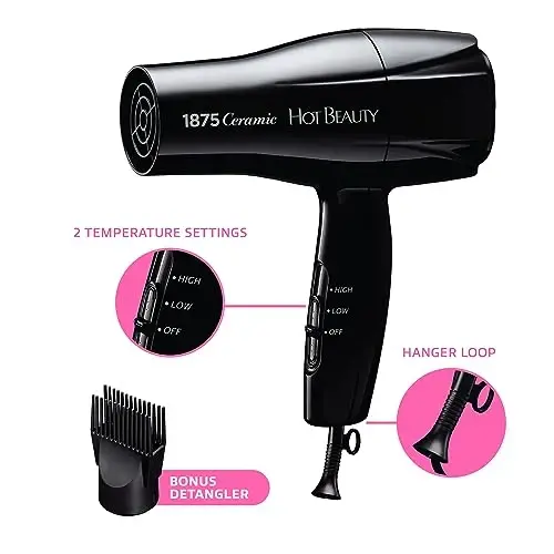 Hot Beauty 1875 Ceramic Hair Dryer, Powerful Fast Drying, Multi-Setting with Comb AttacModazoneent, Additional Detangler Included, Slide Bar Switch, Compact for Home & Travel (Black) - 3