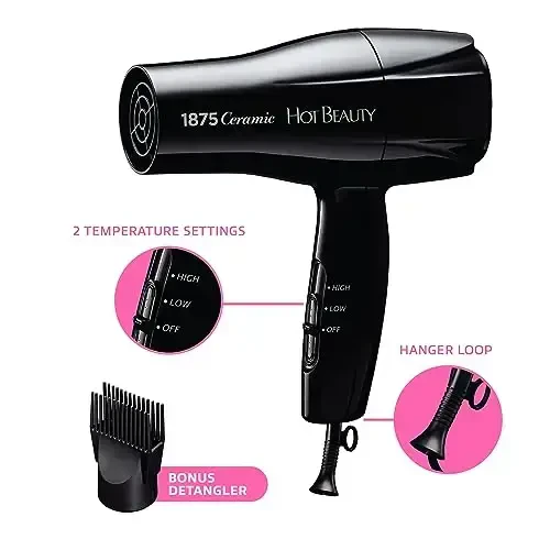 Hot Beauty 1875 Ceramic Hair Dryer, Powerful Fast Drying, Multi-Setting with Comb AttacModazoneent, Additional Detangler Included, Slide Bar Switch, Compact for Home & Travel (Black) - 3