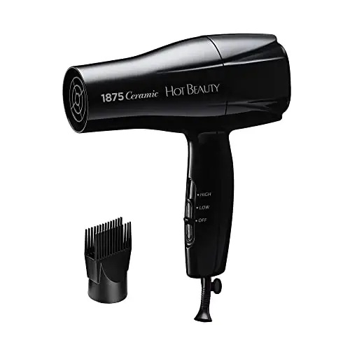 Hot Beauty 1875 Ceramic Hair Dryer, Powerful Fast Drying, Multi-Setting with Comb AttacModazoneent, Additional Detangler Included, Slide Bar Switch, Compact for Home & Travel (Black) - 1