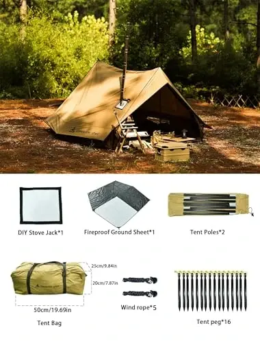 Hot Tent with Stove Jack – 4 Season Waterproof & Windproof Shelter for 1–4 People, Lightweight for Camping, Hiking, Hunting & Fishing 