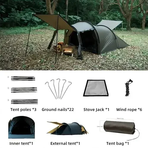 Hot Tent with Stove Jack – 4 Season Waterproof & Windproof Shelter for 1–4 People, Lightweight for Camping, Hiking, Hunting & Fishing - 3