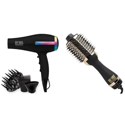 Hot Tools Professional Rainbow Turbo Ceramic Soch Quritgich | 1875W Kuchli va Jim Puflashlar & 24K Oltin Bir Qadamli Soch Quritgich va Hajmlantirgich | Uslub va Quruq, Oson Professional Puflash - 1