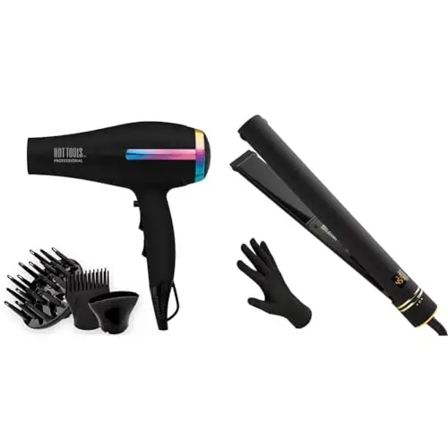 Hot Tools Professional Rainbow Turbo Ceramic Hair Dryer | 1875W Powerful and Quiet Blowouts & Pro Artist Black Gold Evolve Ionic Salon Hair Flat Iron | Long-Lasting Finish for Straightening Hair, - 1