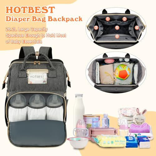 HOTBEST Bebek Bezi Sırt Çantası, Büyük Bebek Çantası, Bebek Bezi Değiştirme Çantaları Değiştirme Minderiyle, Çok Fonksiyonlu Su Geçirmez Seyahat Essentials Bebek Çantası, Unisex ve Şık - 3