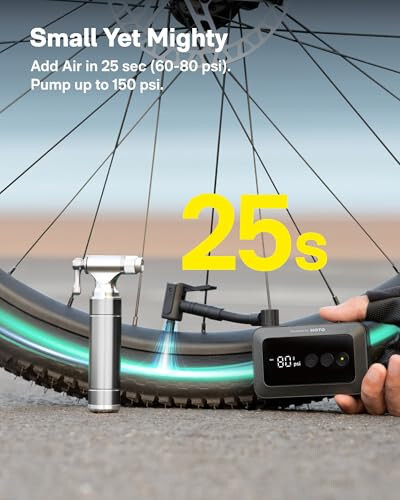 HOTO Mini Bike Tire Pump, 25s Fast Inflate Bicycle Pump with Gauge, 150PSI Portable Electric Bike Air Pump with Presta and Schrader Valve for Road Bike, Motorcycle, Mountain Bike, E-Bike, City Bike - 2