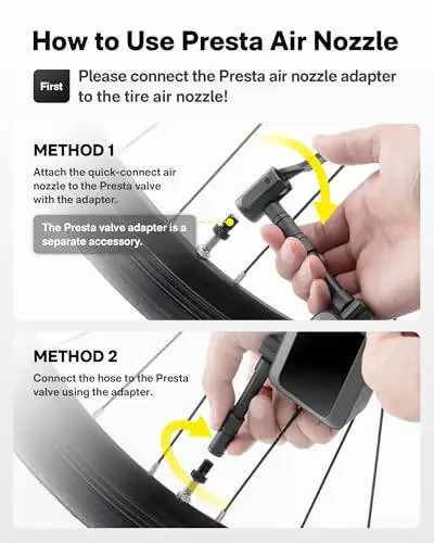 HOTO Mini Bike Tire Pump, 25s Fast Inflate Bicycle Pump with Gauge, 150PSI Portable Electric Bike Air Pump with Presta and Schrader Valve for Road Bike, Motorcycle, Mountain Bike, E-Bike, City Bike - 6
