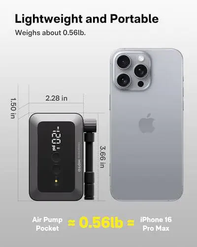 HOTO Mini Bike Tire Pump, 25s Fast Inflate Bicycle Pump with Guage, 150PSI Portable Electric Bike Air Pump with Presta and Schrader Valve for Road Bike, Motorcycle, Mountain Bike, Car, Sports Ball - 3