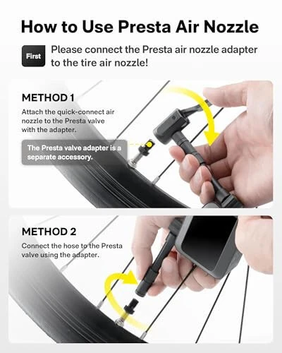 HOTO Mini Bike Tire Pump, 25s Fast Inflate Bicycle Pump with Guage, 150PSI Portable Electric Bike Air Pump with Presta and Schrader Valve for Road Bike, Motorcycle, Mountain Bike, Car, Sports Ball - 6