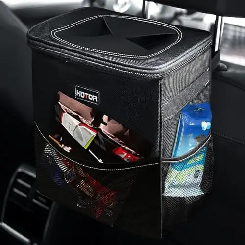 HOTOR 3 Gallons Car Trash Can, Ultra Large Capacity Organizer and Storage with Adjustable Straps & Magnetic Snaps, Waterproof Car Accessory for Interior Car Stuff Storage, Black - HOTOR