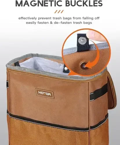 HOTOR 3 Gallons Car Trash Can, Ultra Large Capacity Organizer and Storage with Adjustable Straps & Magnetic Snaps, Waterproof Car Accessory for Interior Car Stuff Storage, Brown - 3