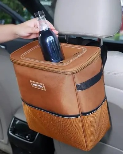 HOTOR 3 Gallons Car Trash Can, Ultra Large Capacity Organizer and Storage with Adjustable Straps & Magnetic Snaps, Waterproof Car Accessory for Interior Car Stuff Storage, Brown - 2