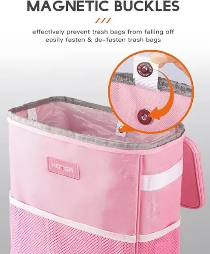 HOTOR 3 Gallons Car Trash Can, Ultra Large Capacity Organizer and Storage with Adjustable Straps & Magnetic Snaps, Waterproof Car Accessory for Interior Car Stuff Storage, Pink - 3