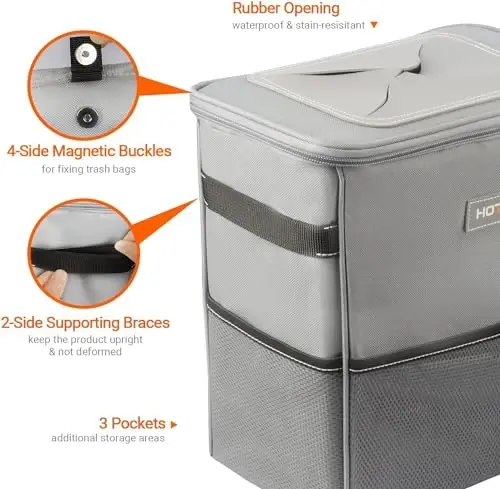 HOTOR Car Trash Can, Compact Waterproof Organizer, Leak-Proof Bin, 3-Gallon | Gray, Multifunctional Car Accessory with Adjustable Straps & Magnetic Snaps for Interior Car Storage - 4