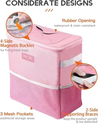 HOTOR 3 Gallons Car Trash Can, Ultra Large Capacity Organizer and Storage with Adjustable Straps & Magnetic Snaps, Waterproof Car Accessory for Interior Car Stuff Storage, Pink - 4