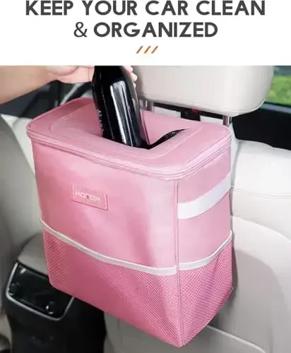 HOTOR 3 Gallons Car Trash Can, Ultra Large Capacity Organizer and Storage with Adjustable Straps & Magnetic Snaps, Waterproof Car Accessory for Interior Car Stuff Storage, Pink - 2