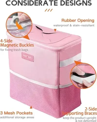 HOTOR 3 Gallons Car Trash Can, Ultra Large Capacity Organizer and Storage with Adjustable Straps & Magnetic Snaps, Waterproof Car Accessory for Interior Car Stuff Storage, Pink - 4