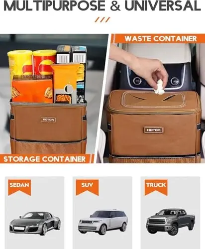 HOTOR 3 Gallons Car Trash Can, Ultra Large Capacity Organizer and Storage with Adjustable Straps & Magnetic Snaps, Waterproof Car Accessory for Interior Car Stuff Storage, Brown - 7