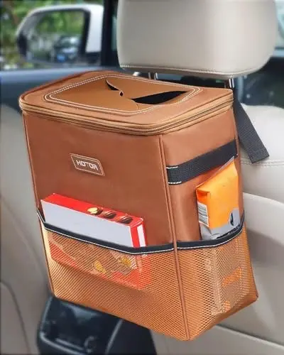HOTOR 3 Gallons Car Trash Can, Ultra Large Capacity Organizer and Storage with Adjustable Straps & Magnetic Snaps, Waterproof Car Accessory for Interior Car Stuff Storage, Brown 