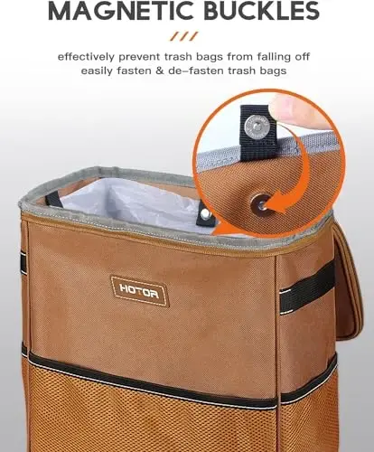 HOTOR Car Trash Can, Compact Waterproof Organizer, Leak-Proof Bin, 3-Gallon | Brown, Multifunctional Car Accessory with Adjustable Straps & Magnetic Snaps for Interior Car Storage - 3
