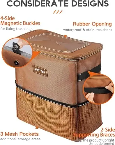 HOTOR Car Trash Can, Compact Waterproof Organizer, Leak-Proof Bin, 3-Gallon | Brown, Multifunctional Car Accessory with Adjustable Straps & Magnetic Snaps for Interior Car Storage - 4