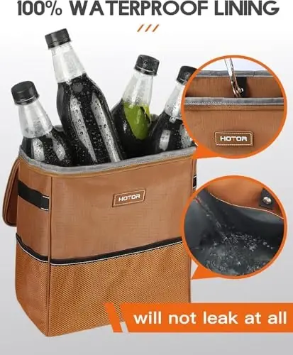 HOTOR Car Trash Can, Compact Waterproof Organizer, Leak-Proof Bin, 3-Gallon | Brown, Multifunctional Car Accessory with Adjustable Straps & Magnetic Snaps for Interior Car Storage - 5
