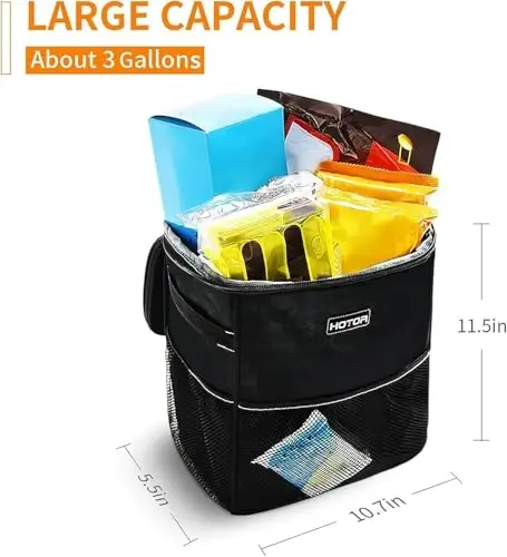 HOTOR 3 Gallons Car Trash Can, Ultra Large Capacity Organizer and Storage with Adjustable Straps & Magnetic Snaps, Waterproof Car Accessory for Interior Car Stuff Storage, Black - 2