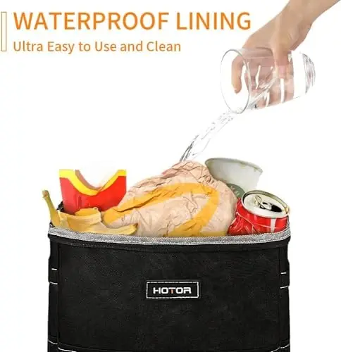 HOTOR Car Trash Can, Compact Waterproof Organizer, Leak-Proof Bin, 3-Gallon | Black, Multifunctional Car Accessory with Adjustable Straps & Magnetic Snaps for Interior Car Storage - 4