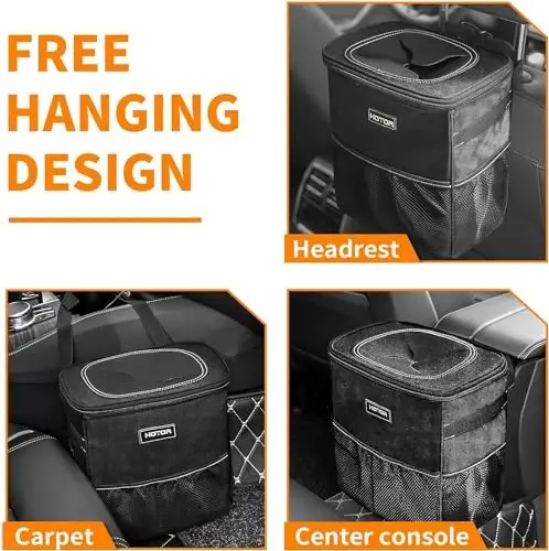 HOTOR Car Trash Can, Compact Waterproof Organizer, Leak-Proof Bin, 3-Gallon | Black, Multifunctional Car Accessory with Adjustable Straps & Magnetic Snaps for Interior Car Storage - 5