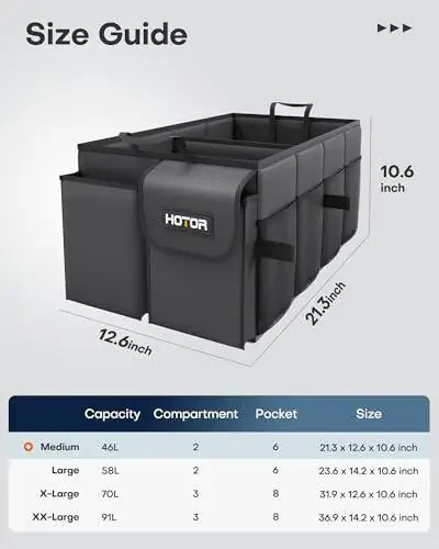 HOTOR Trunk Organizer - Car Organizer, Foldable Trunk organizer for SUVs & Sedans, Sturdy Car Organization for Car Accessories, Tools, Sundries, Black, 2 Compartments, 21.3